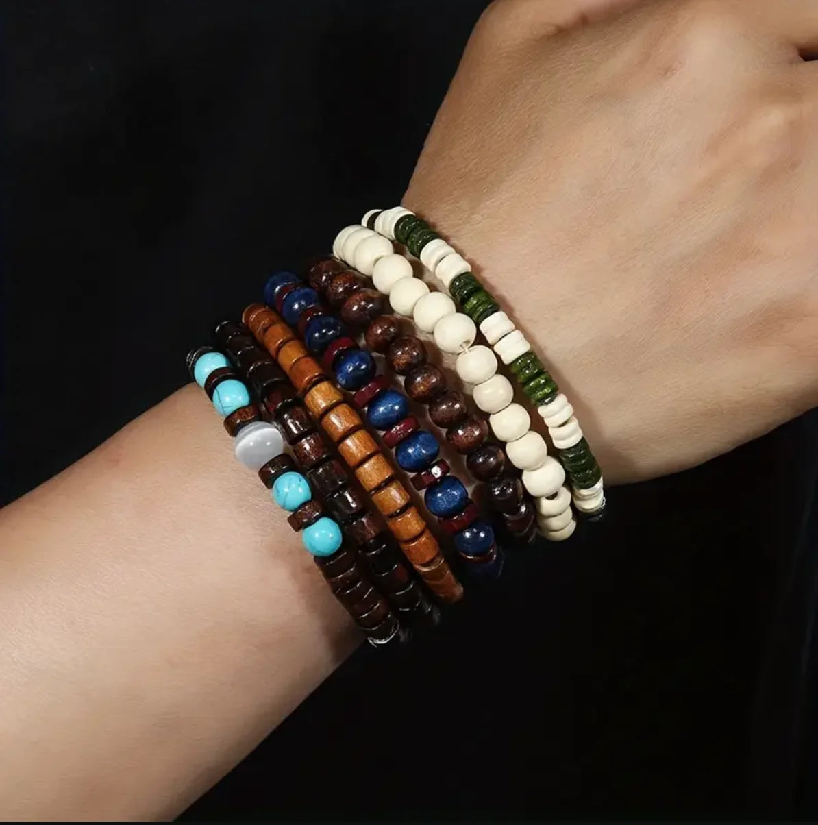 22-Piece Set Vintage Style Bohemian Wooden Beaded Bracelets, Synthetic Turquoise and Cat's Eye Beads, Fashionable Stacking Brace