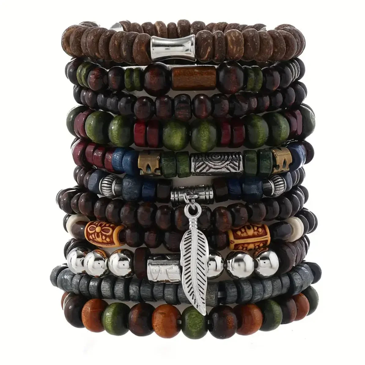 22-Piece Set Vintage Style Bohemian Wooden Beaded Bracelets, Synthetic Turquoise and Cat's Eye Beads, Fashionable Stacking Brace