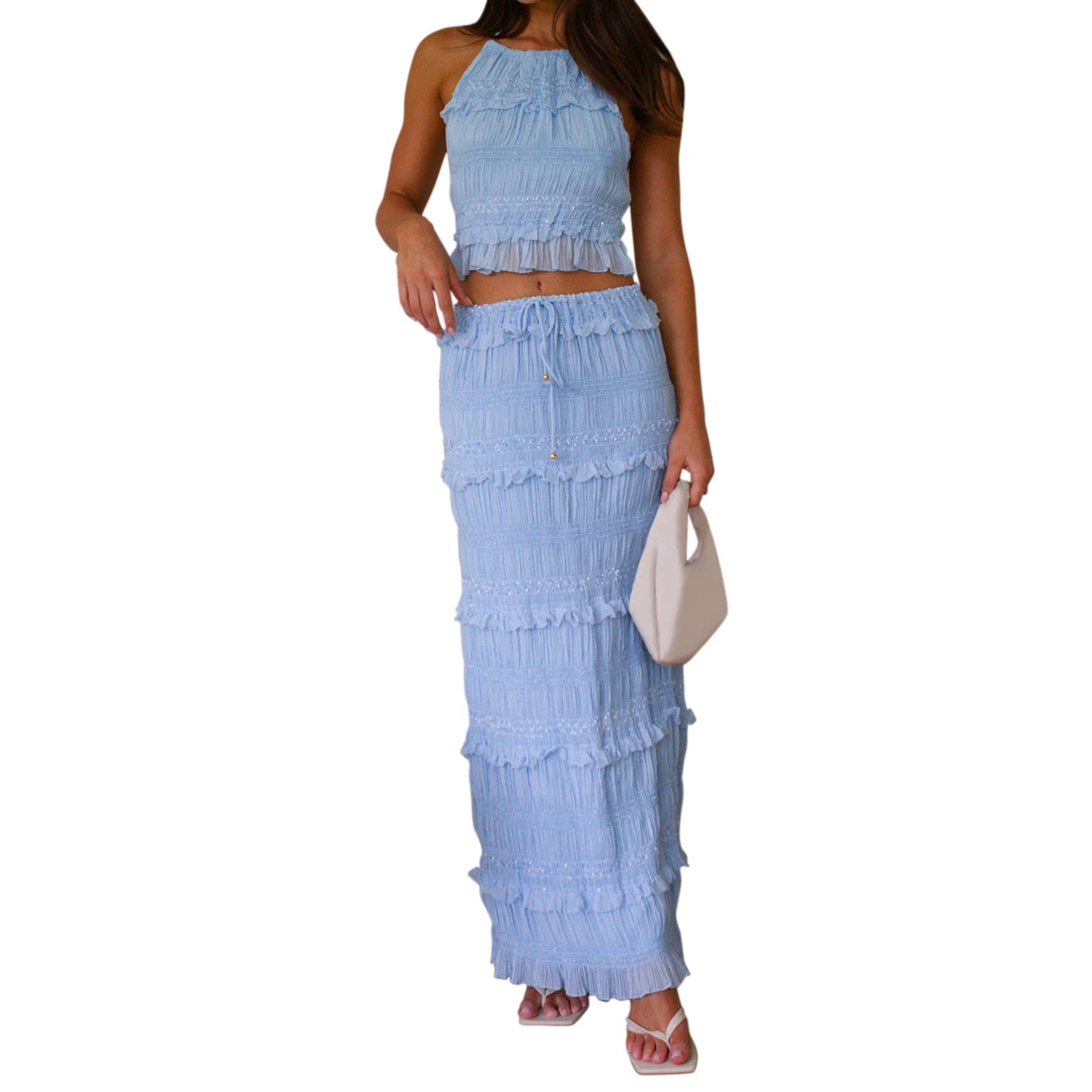 Elegant Floral Print Off-Shoulder Ruffle Sleeve Crop Top and High Waist Maxi Skirt 2 Piece Set for Women Summer Outfit