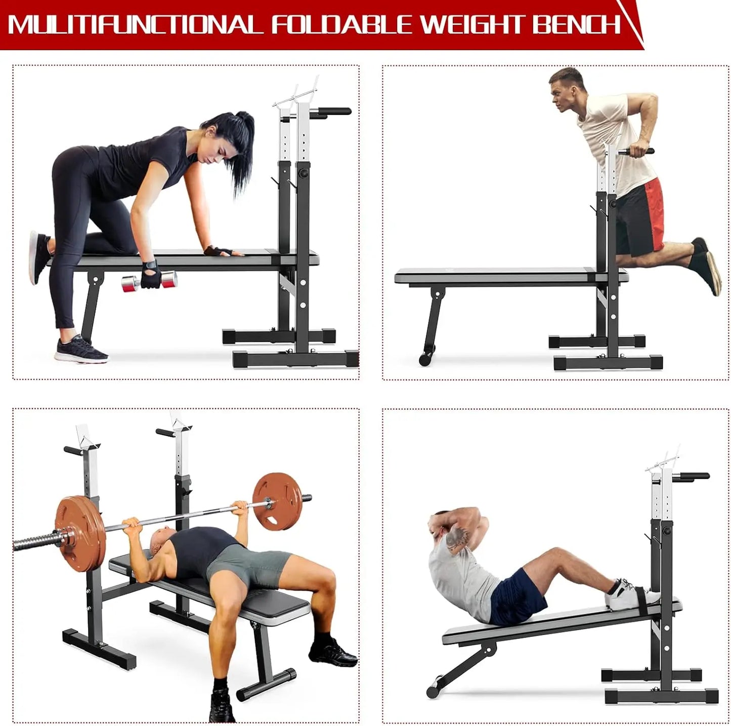 Adjustable Weight Bench Press with Squat Rack Folding Multi-Function Dip Station for Full Body Workout Home Gym Strength Grey gr