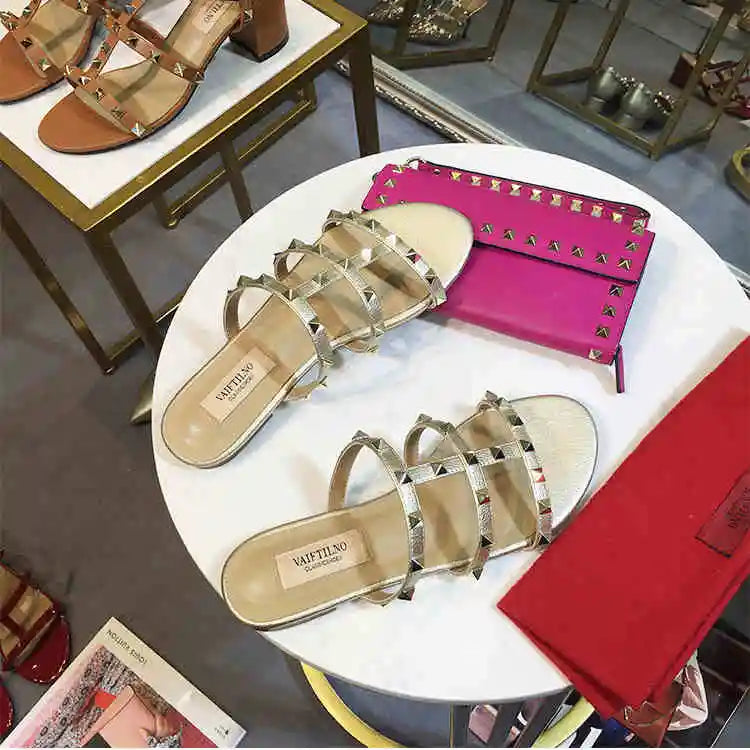 Women's sandals Gladiator summer 2025 luxury Brand Designer Heeled slipper Leather Silver Rivets High Heels Ladies shoes Women