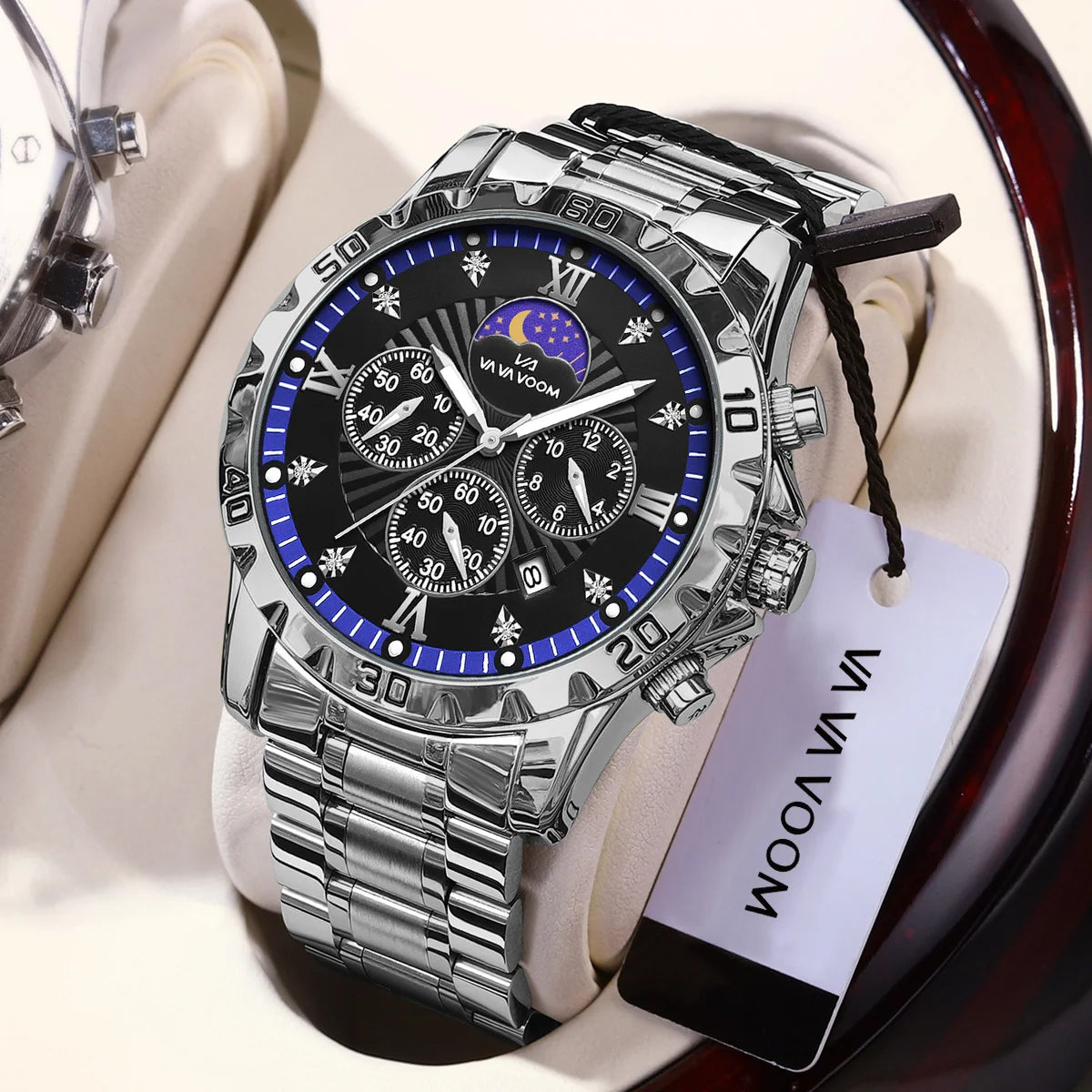 Men Watch US Fast Delivery Multifunctional Luxurious Rhinestone Moonlight Stainless Steel Business Leisure Quartz 1 Set Watches