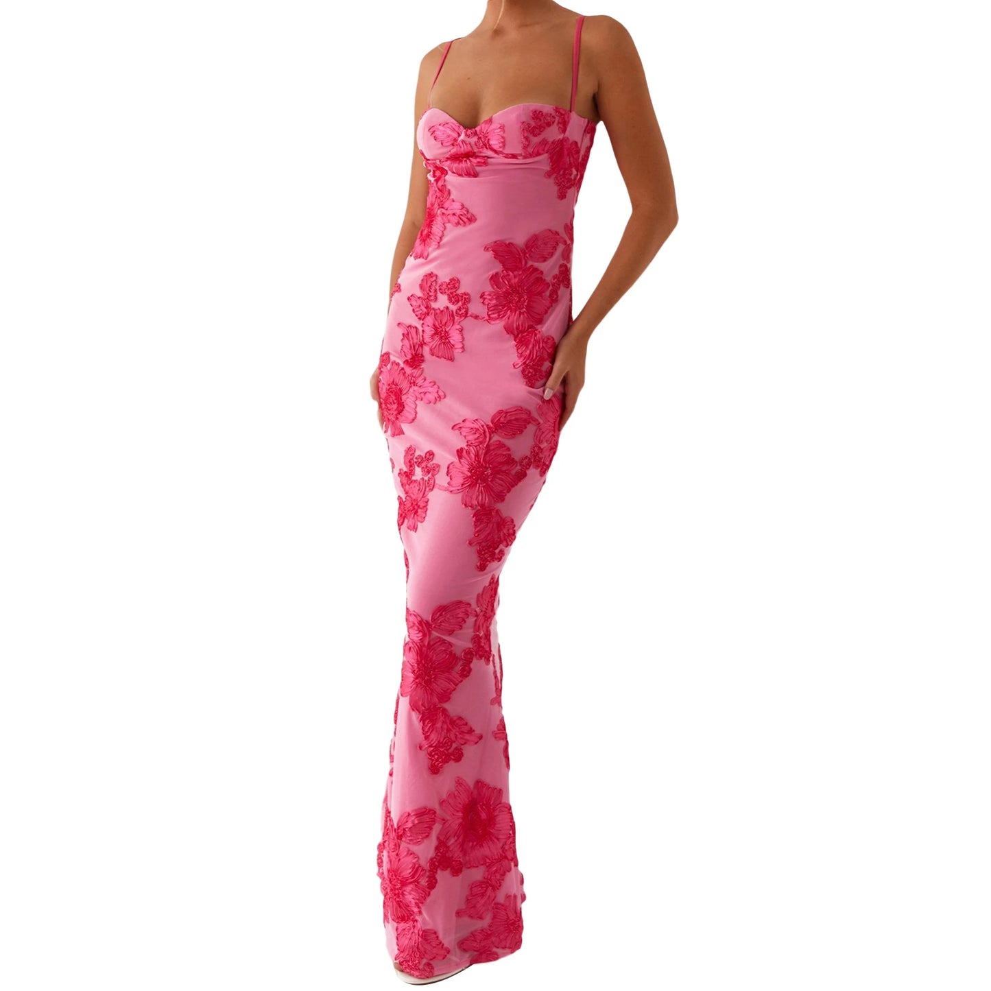 Elegant Lace Embroidered Maxi Dress with V-Neckline and Adjustable Spaghetti Straps Boho Chic Summer Beach Wedding Gown