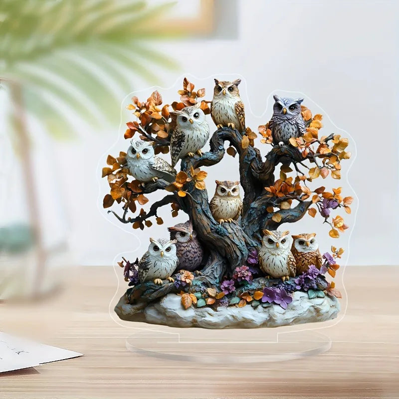 1PC 2D Acrylic Owl Tree Statue - Floral Desktop Decor with Stand/Elegant Owl Wall Art Flat Acrylic Sculpture for Home/Gifting