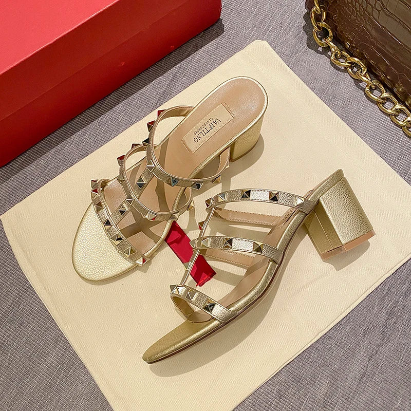 Women's sandals Gladiator summer 2025 luxury Brand Designer Heeled slipper Leather Silver Rivets High Heels Ladies shoes Women
