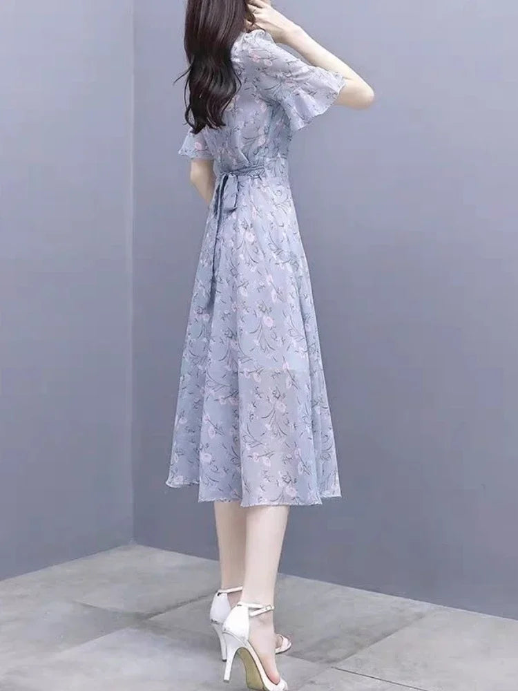 Silk Chiffon Midi Flower Dresses for Women Bandage Short Sleeve Woman Dress Floral Satin Outfits Clothing Elastic Casual Youth