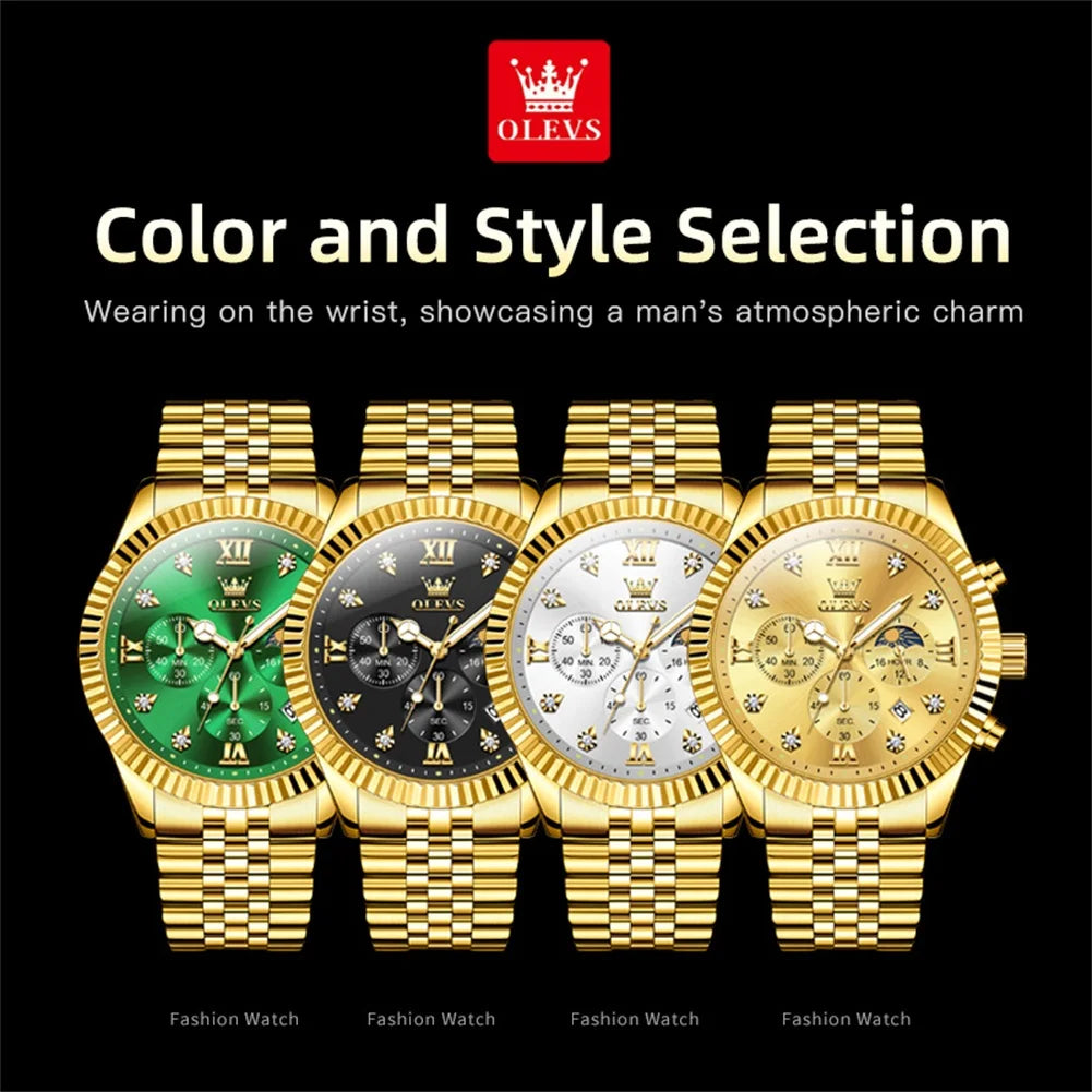 OLEVS New Original Quartz Men's Watches Moon Phase Waterproof Calendar Stainless steel Watch for Men Luminous Luxury Brand Watch