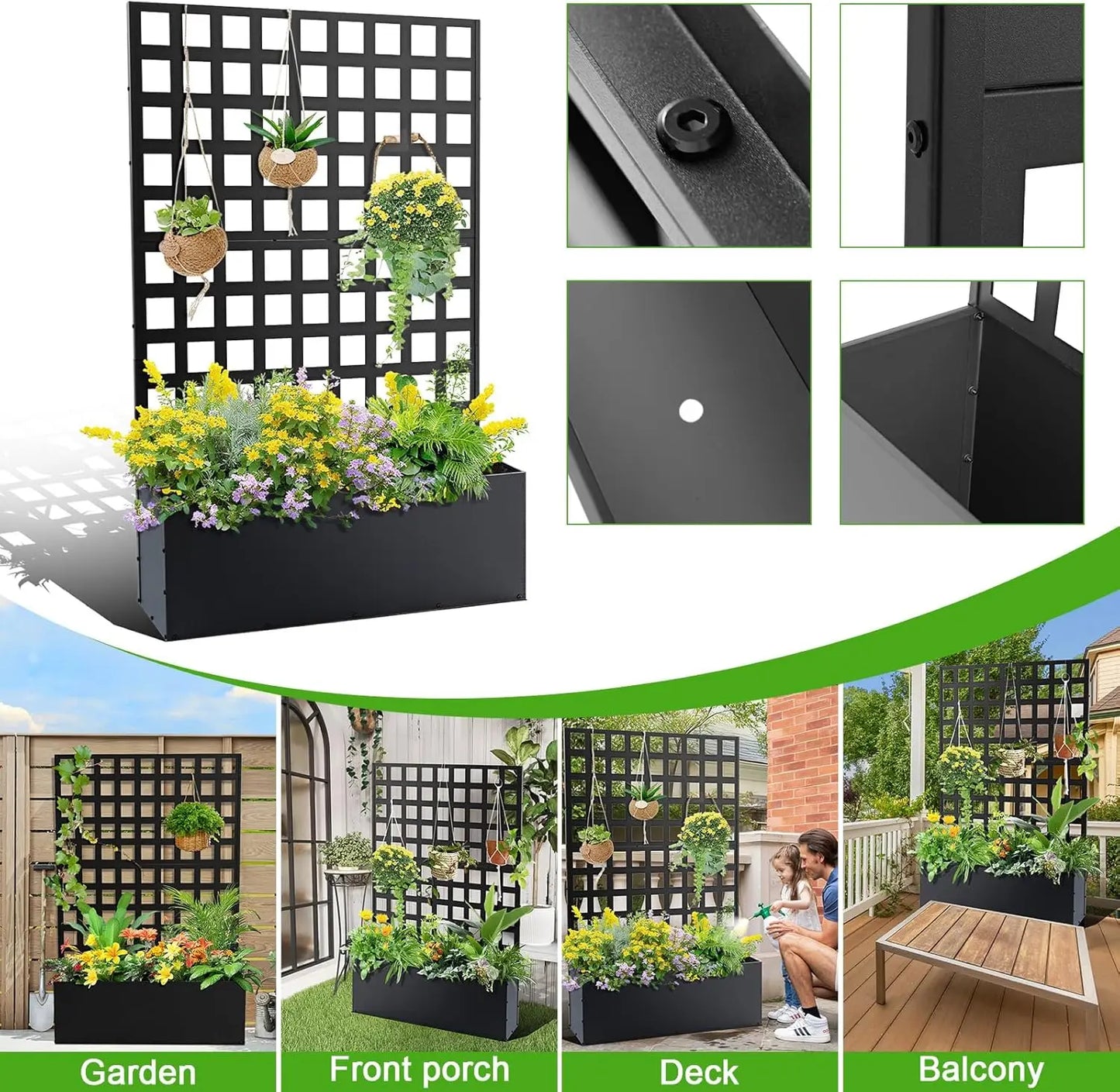 71"x47" Raised Metal Garden Bed with Attached Trellis Privacy Screen | Outdoor Planter Box w/ Drainage Holes for Climbing Plants