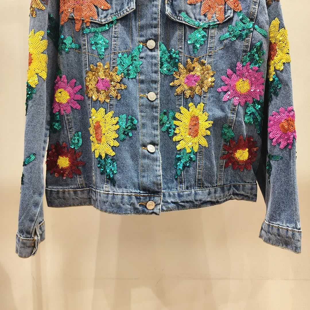 Sunflower Embroidery Denim Jacket with Sequins for Women