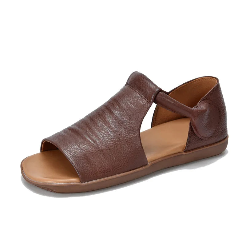 GKTINOO Peep Toe Flat Sandals 2025 Summer New Retro Genuine Leather Comfortable Soft Sole Versatile Women's Shoes