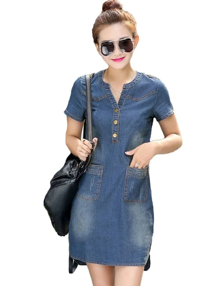 2025 New arrival summer women denim dresses short sleeves loose A word dresses v-neck solid denim dresses