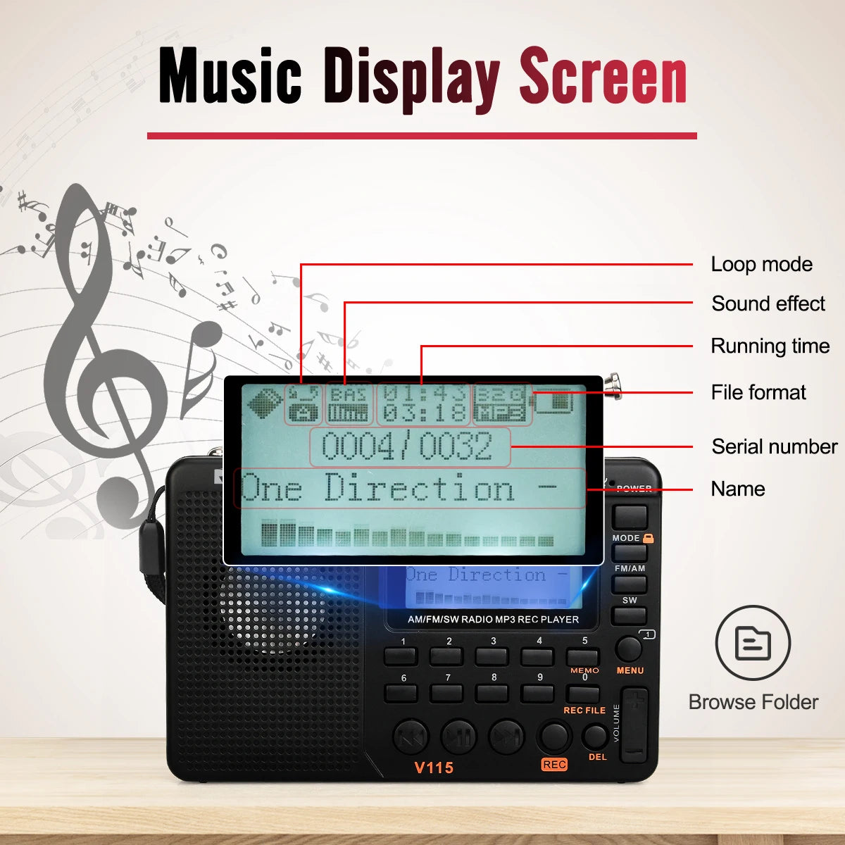 RETEKESS V115 Radio FM AM SW Portable Radios Rechargeable Radio Batteries multiple bands USB Recorder Speaker for Elders TX32