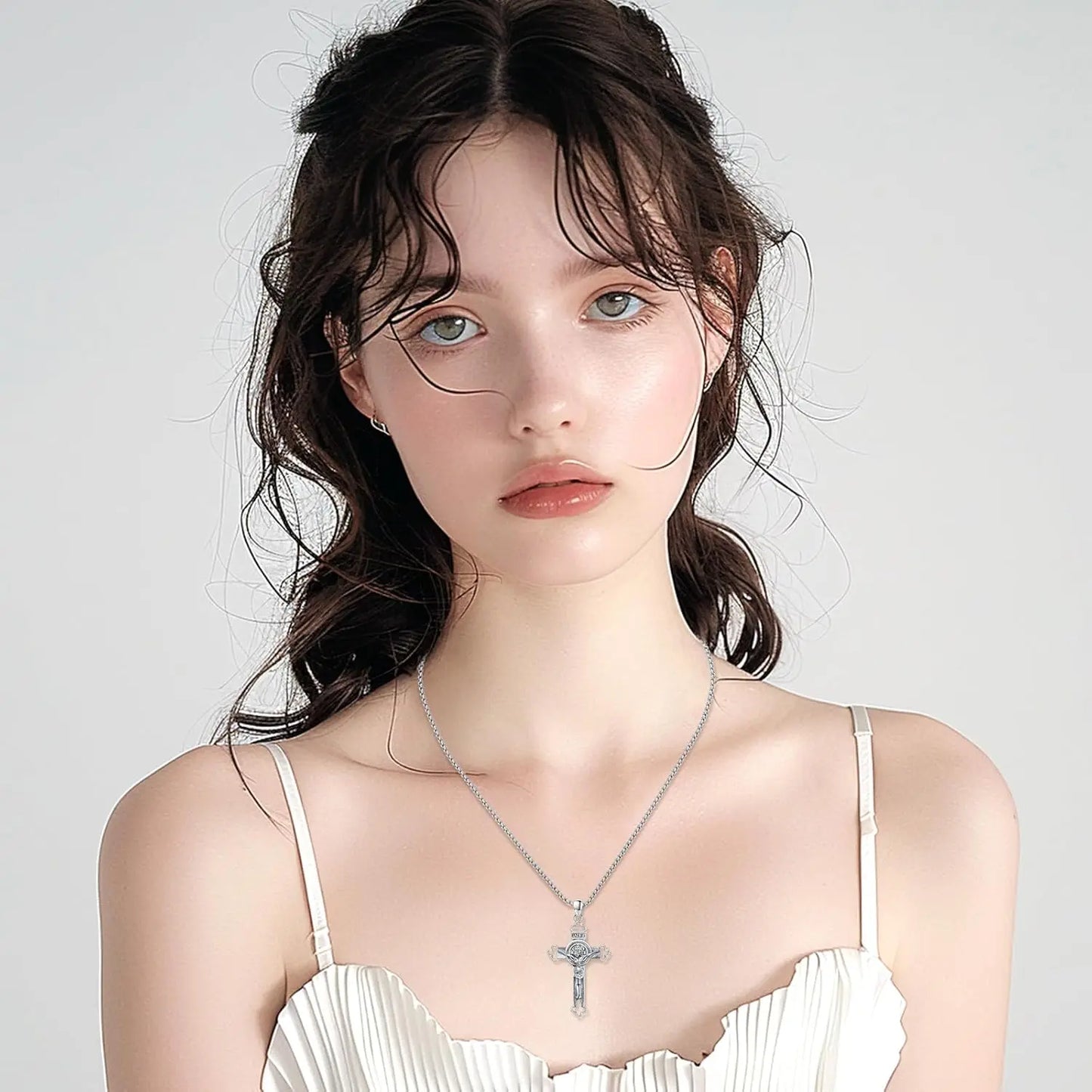 Saint Benedict Crucifix Necklace 925 Sterling Silver St Benedict Jesus Cross Necklace Protection Amulet Jewelry for Men Women
