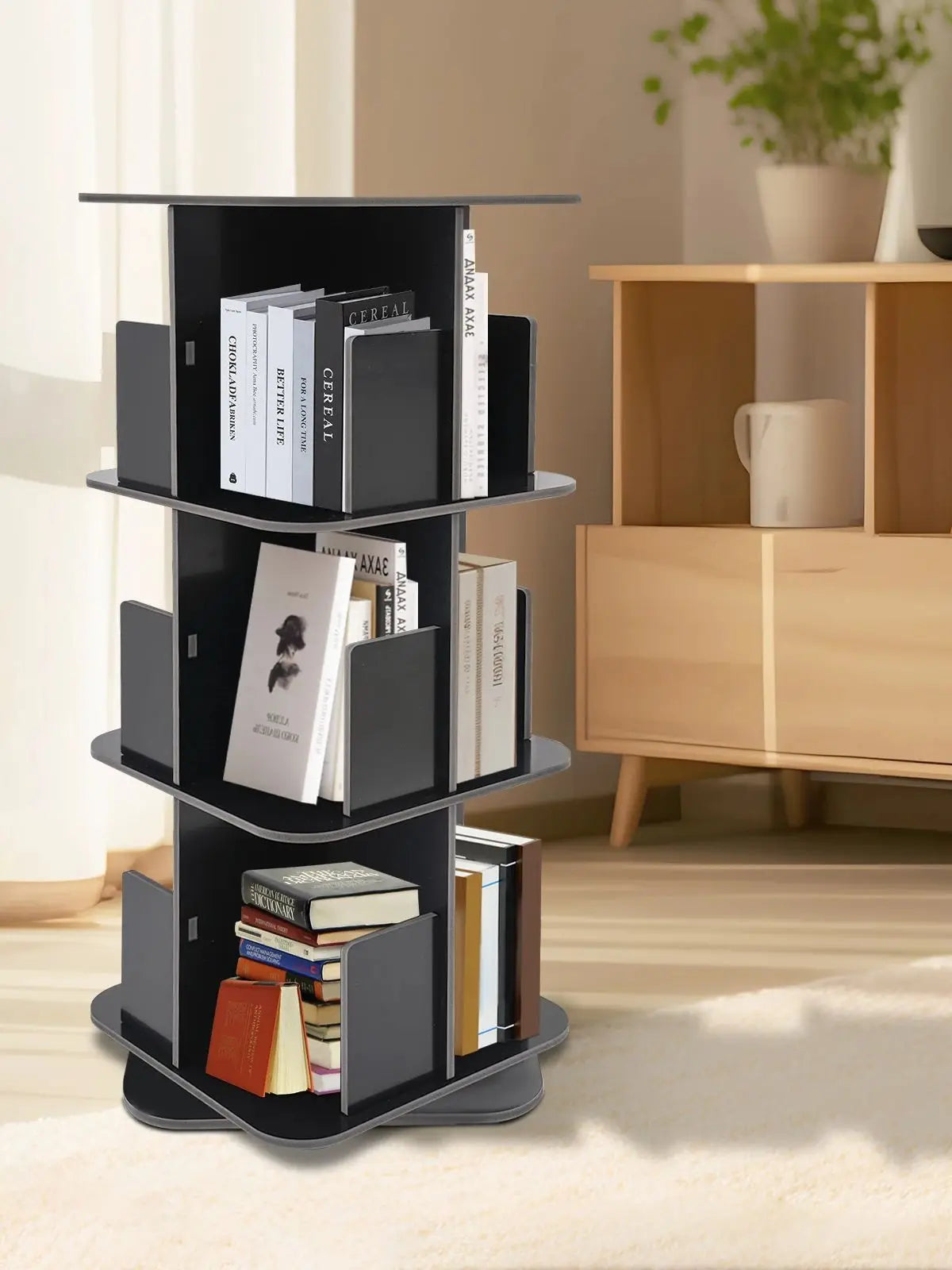 Good Stability 3 Tier Standing Bookcase 360° Rotating Bookshelf Space-Saving for Bedrooms/Living Rooms/Game Rooms Safe Baffle