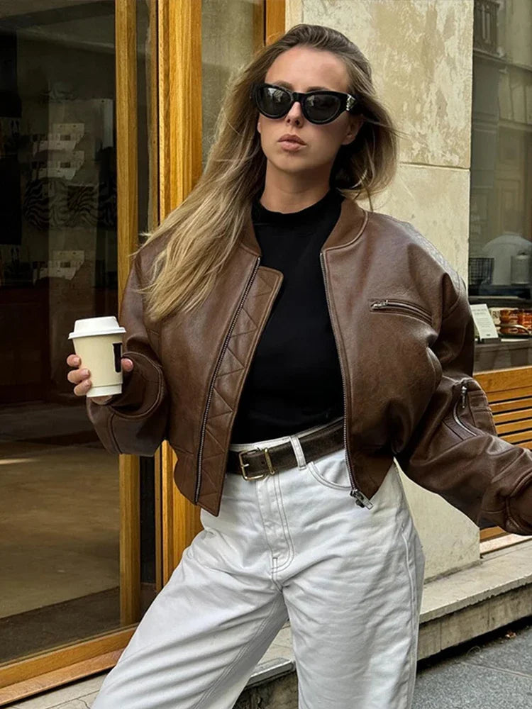 Vintage Casual Short Leather Jacket for Women with Pockets