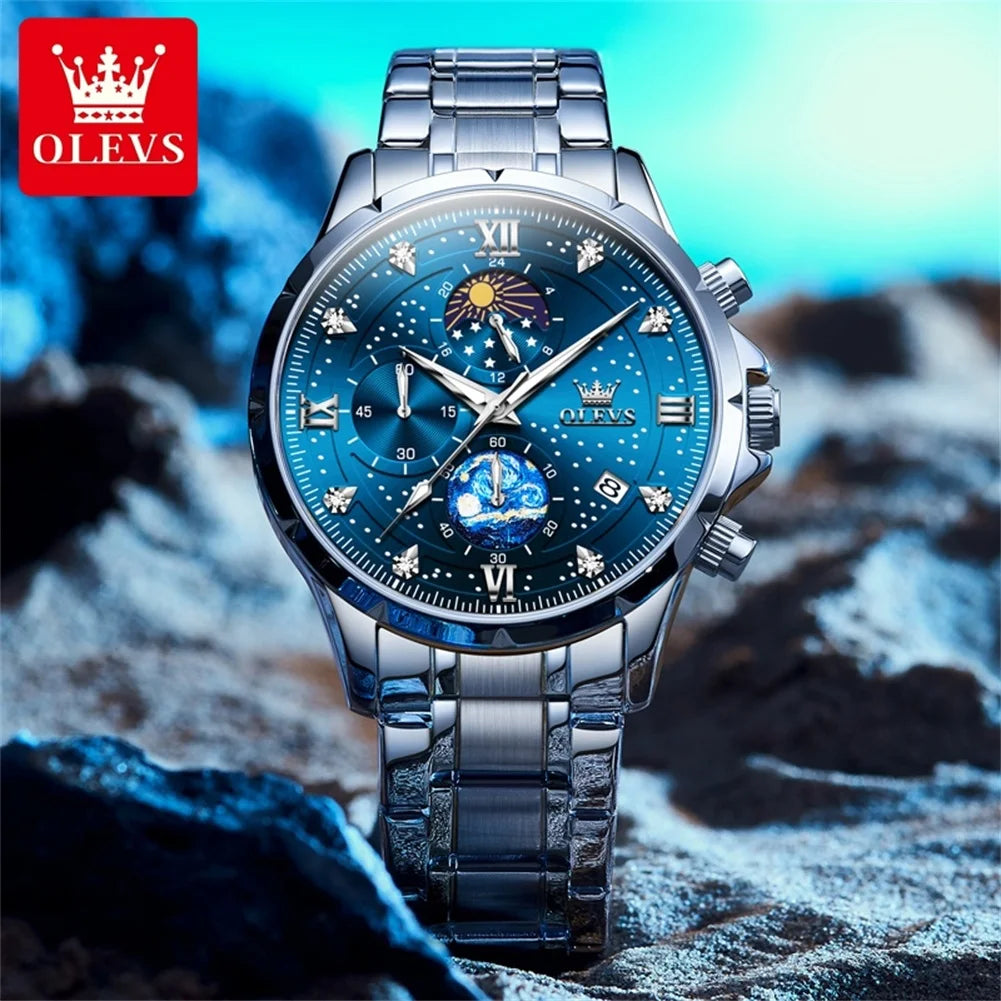 OLEVS Trend Men's Watches Moon Phase Luminous Starry Sky Dial Quartz Watch Waterproof Calendar Fashion Original Male Wristwatch