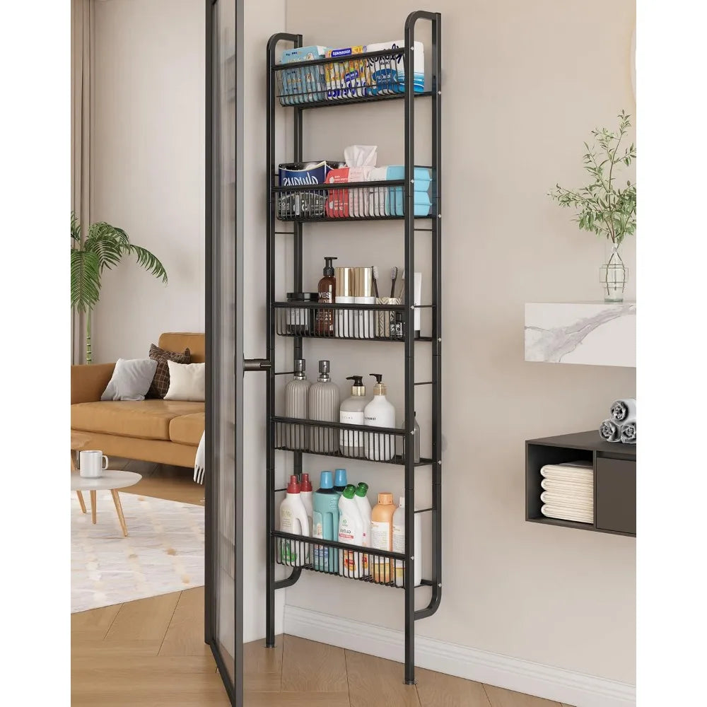 Behind The Door Bathroom Shelf Narrow 5-Tier, Space-Saving Slim Bathroom Storage Shelf Narrow Shelving Unit for Bathroom and Ki