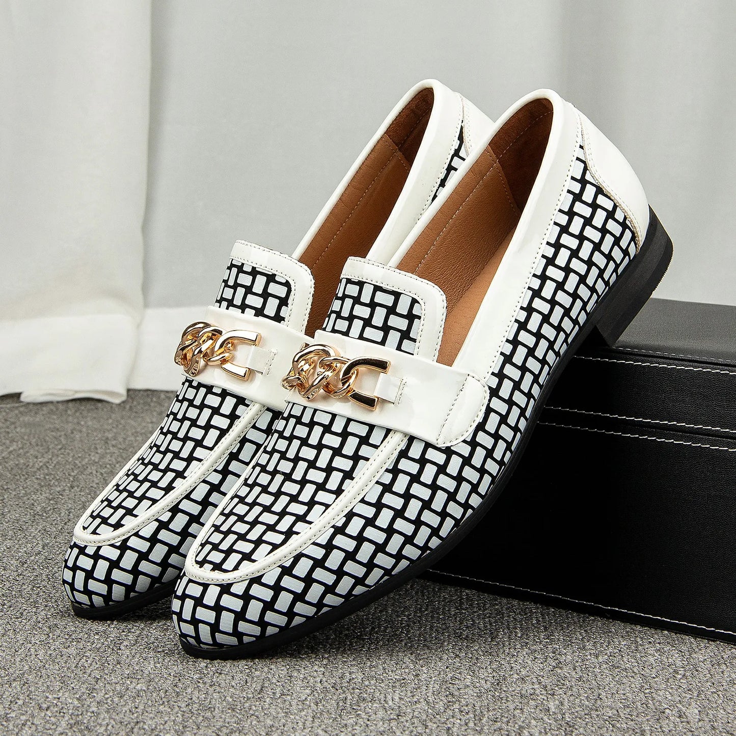 Men's Brown Shoes Pattern Printing Men's Dress Loafer Shoes Slip-on Casual Loafer Smoking Slipper
