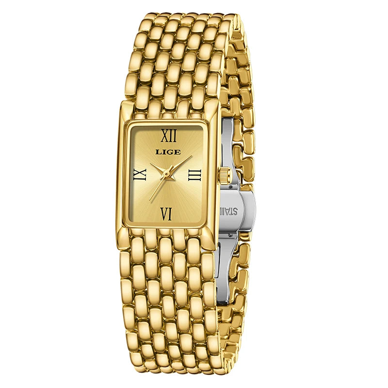 LIGE Light Luxury Retro Rectangle Classic Watches For Women Fashion Stainless Steel Womens Watch Vintage Quartz Wristwatches+Box