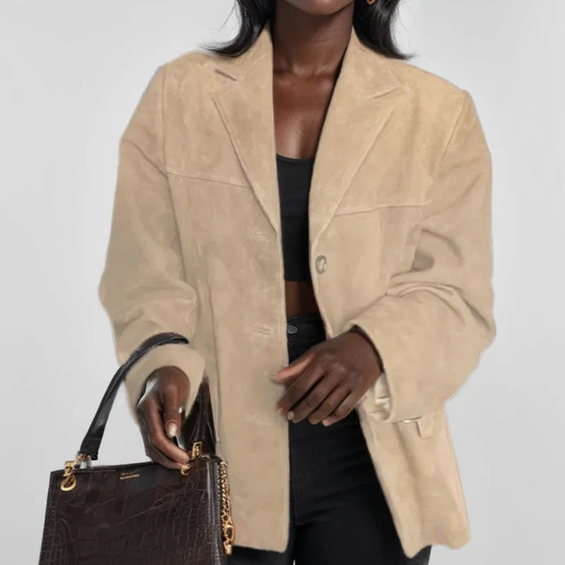 Casual Brown Suede Leather Jacket for Women with Lapel Pocket