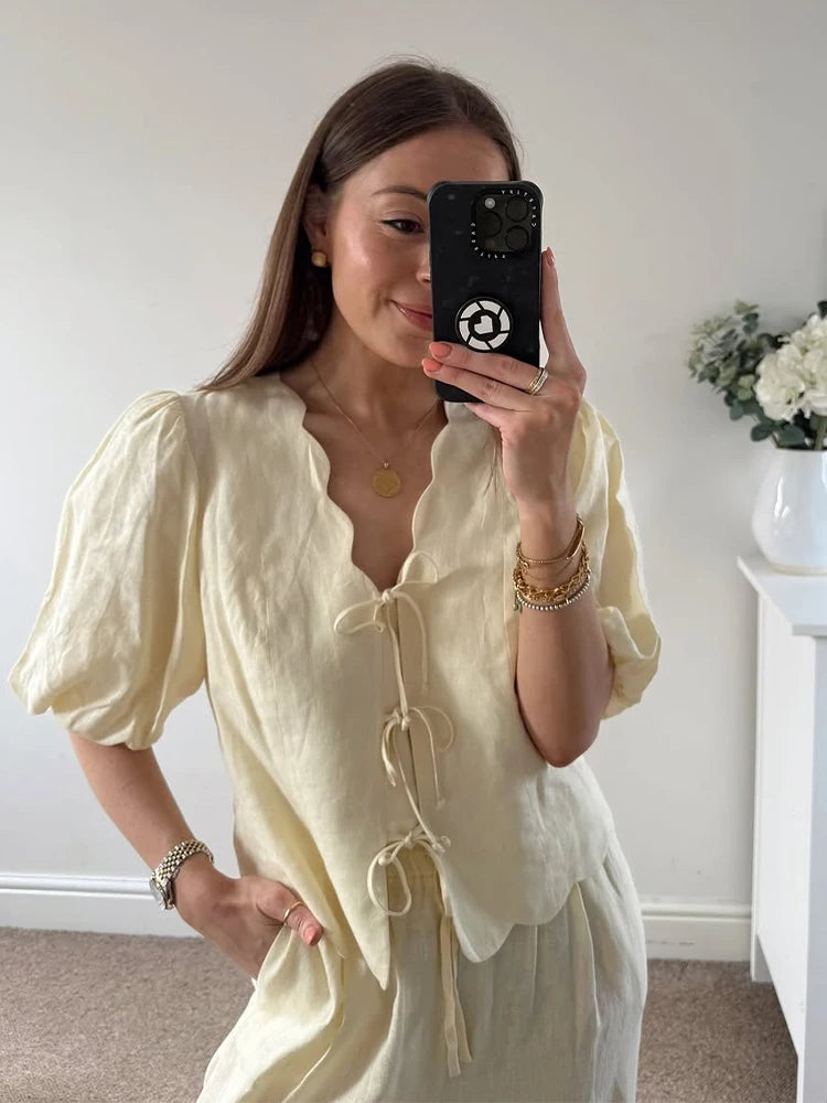 Women Cotton Linen Suit Lace Up Short Two Piece Set Puff Sleeve Shirts Loose A-line Long Skirt Sets Lady Office Matching Set