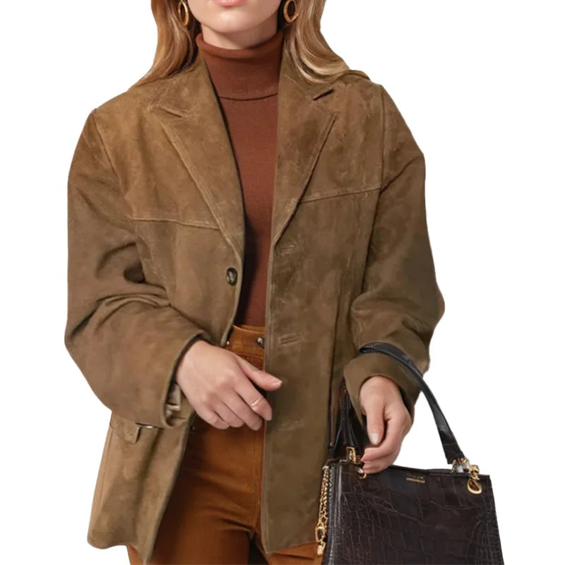 Casual Brown Suede Leather Jacket for Women with Lapel Pocket