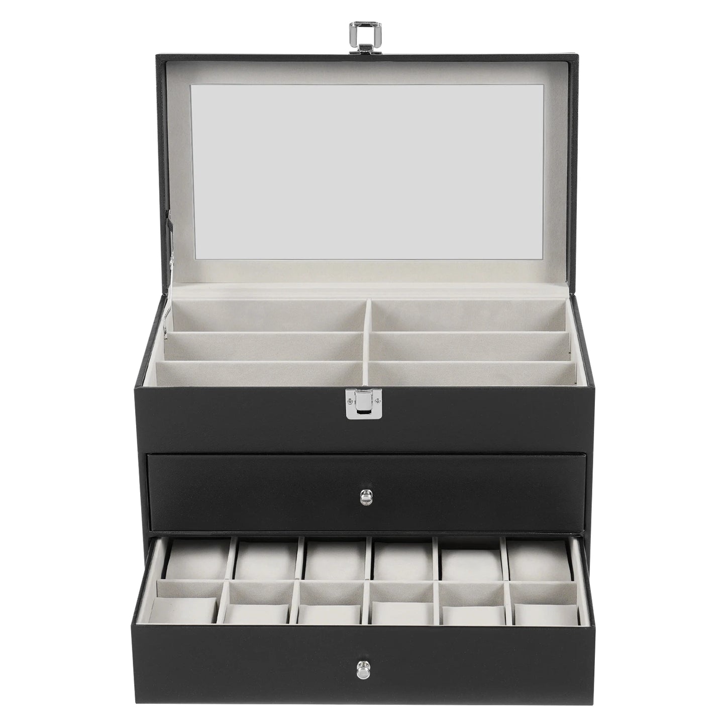 24-Slot Watch & Eyeglass Storage Box 3-Layer PU Leather Storage Display Case with Glass Top Holds 12 Watches & 12 Glasses