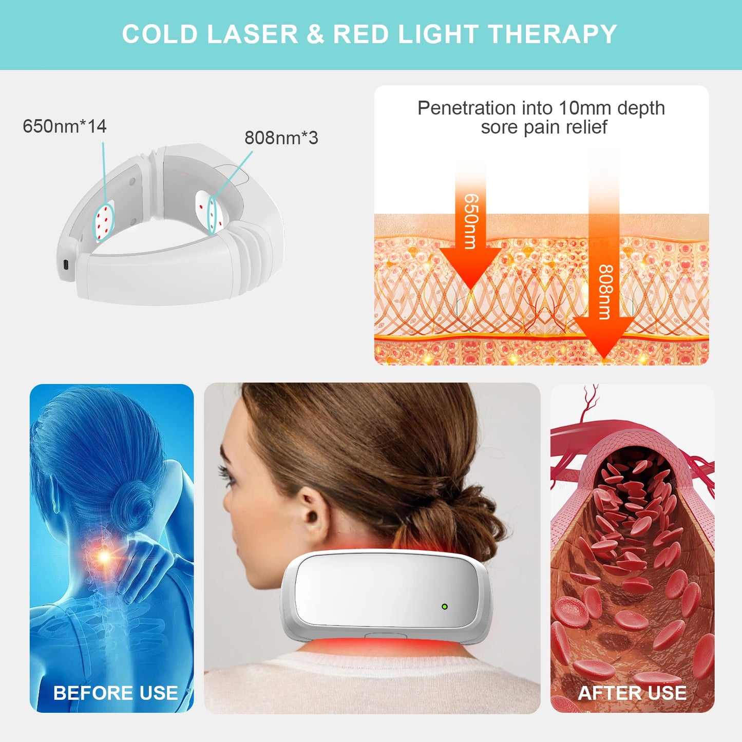 3x808nm LLLT Physiotherapy Equipment for Neck Pain Relief 14X650nm 15mW 1800mAh Muscles Soreness Relief Device for Home Office