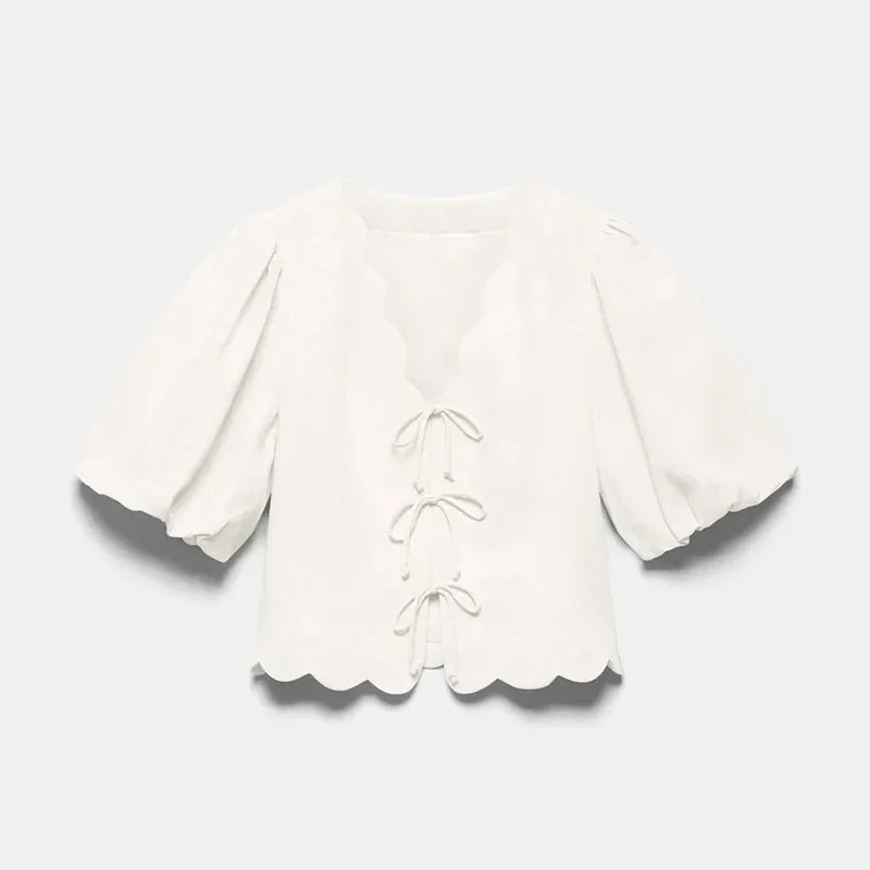 Women Cotton Linen Suit Lace Up Short Two Piece Set Puff Sleeve Shirts Loose A-line Long Skirt Sets Lady Office Matching Set