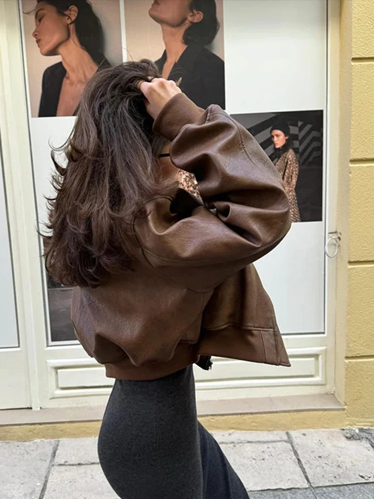 Vintage Casual Short Leather Jacket for Women with Pockets