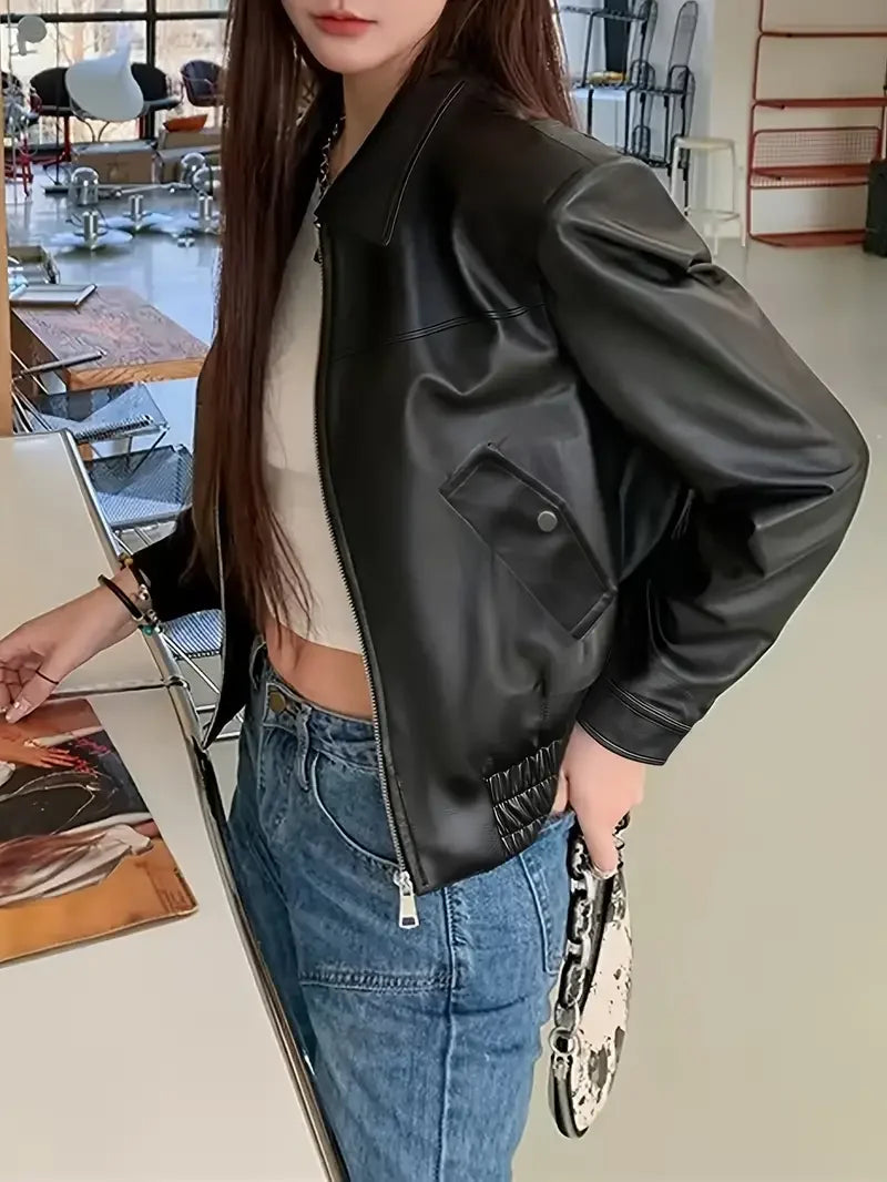 Women Fashion PU Motorcycle Jacket with Zipper Pockets Short