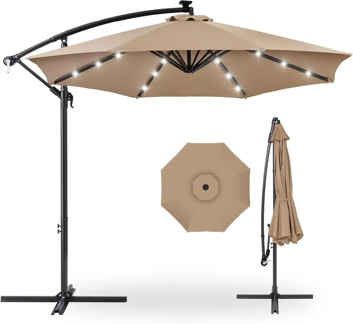 10ft Solar LED Offset Hanging Market Patio Umbrella for Backyard, Poolside,Lawn and Garden w/Easy Tilt Adjustment,Polyester
