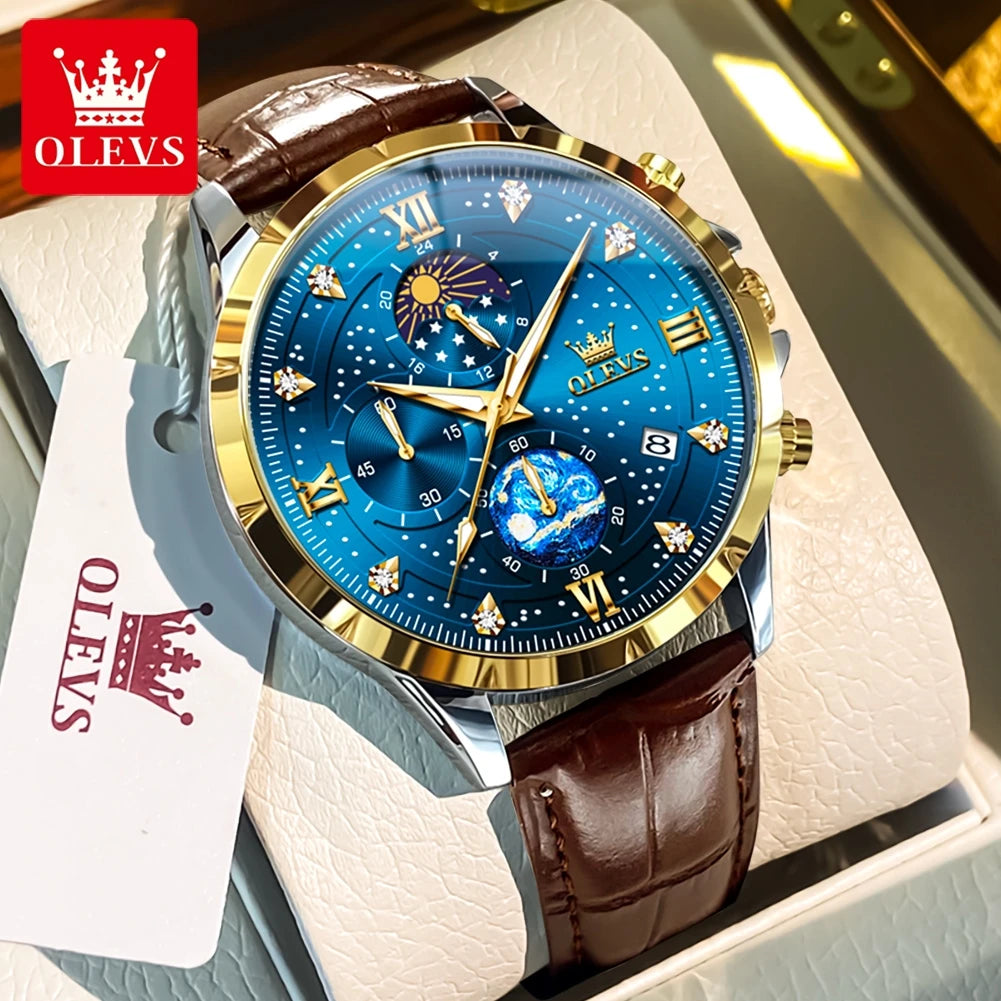 OLEVS Trend Men's Watches Moon Phase Luminous Starry Sky Dial Quartz Watch Waterproof Calendar Fashion Original Male Wristwatch