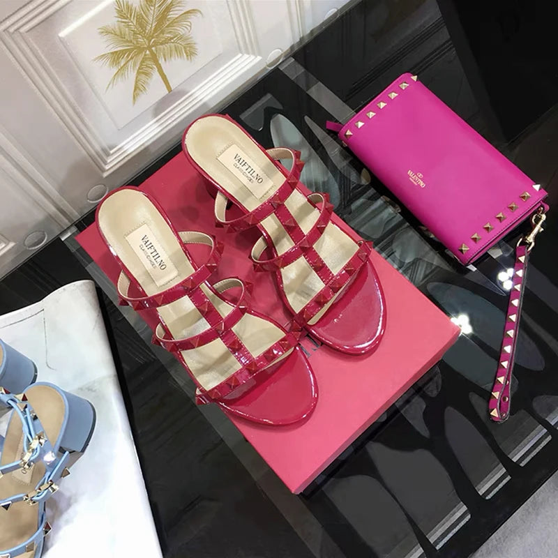 Women's sandals Gladiator summer 2025 luxury Brand Designer Heeled slipper Leather Silver Rivets High Heels Ladies shoes Women