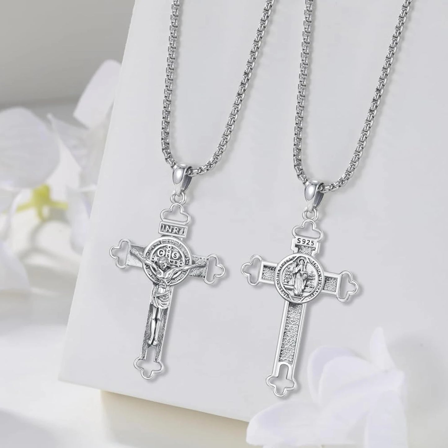Saint Benedict Crucifix Necklace 925 Sterling Silver Pendant