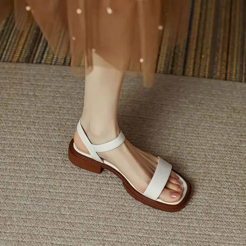Black Sandals for Woman with Strap Summer 2024 Footwear Outdoor Women's Shoes Flat Leather One Word Comfort Korea Designer Trend