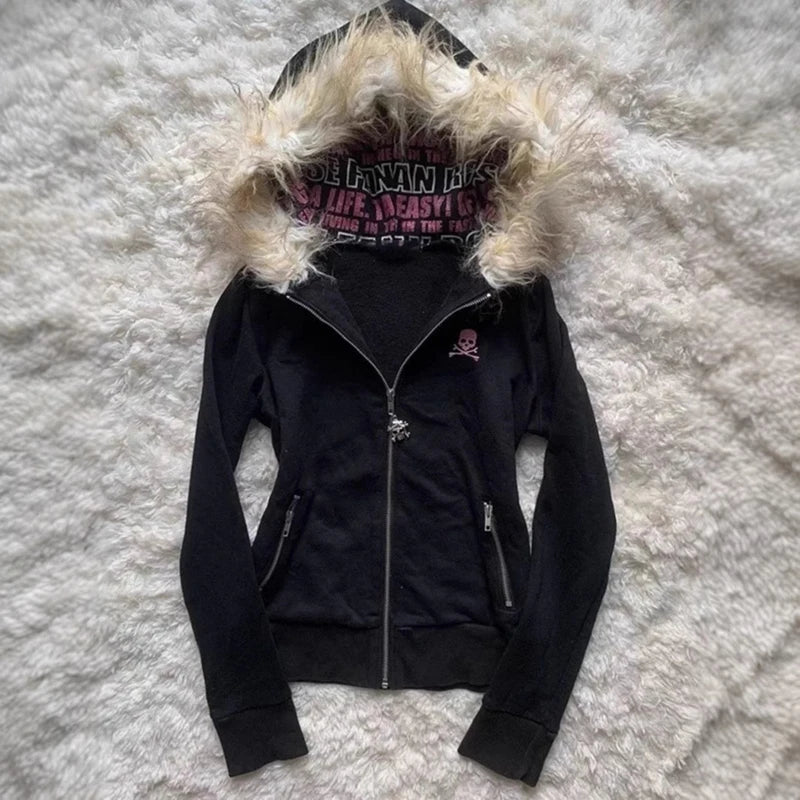 Fur Collar Long Sleeve Hooded Sweatshirt Jacket for Women