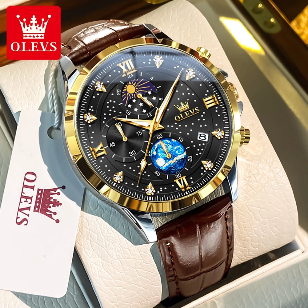 OLEVS Trend Men's Watches Moon Phase Luminous Starry Sky Dial Quartz Watch Waterproof Calendar Fashion Original Male Wristwatch