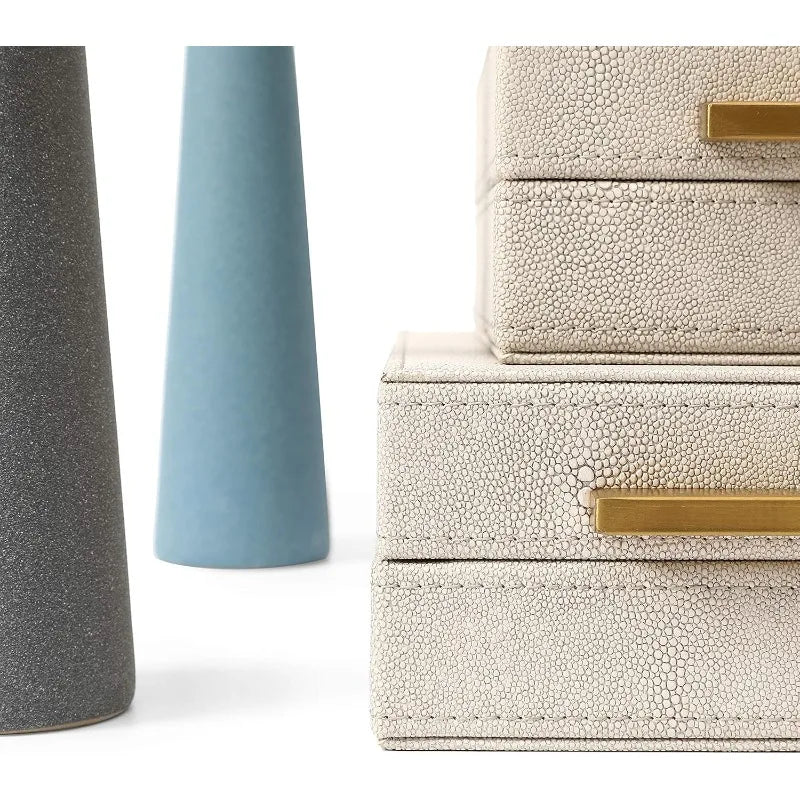 Kingflux Faux Ivory Shagreen Leather Set of 3 Pcs Decorative Boxes, Storage Boxes Jewelry Organizer, Men's Accessory Org