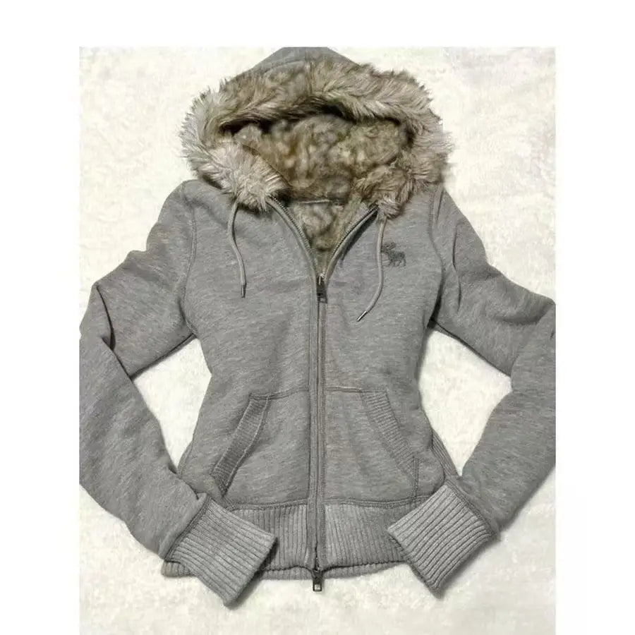 Y2K Women Aesthetic Harajuku Faux Fur Hooded Zip Up Jacket