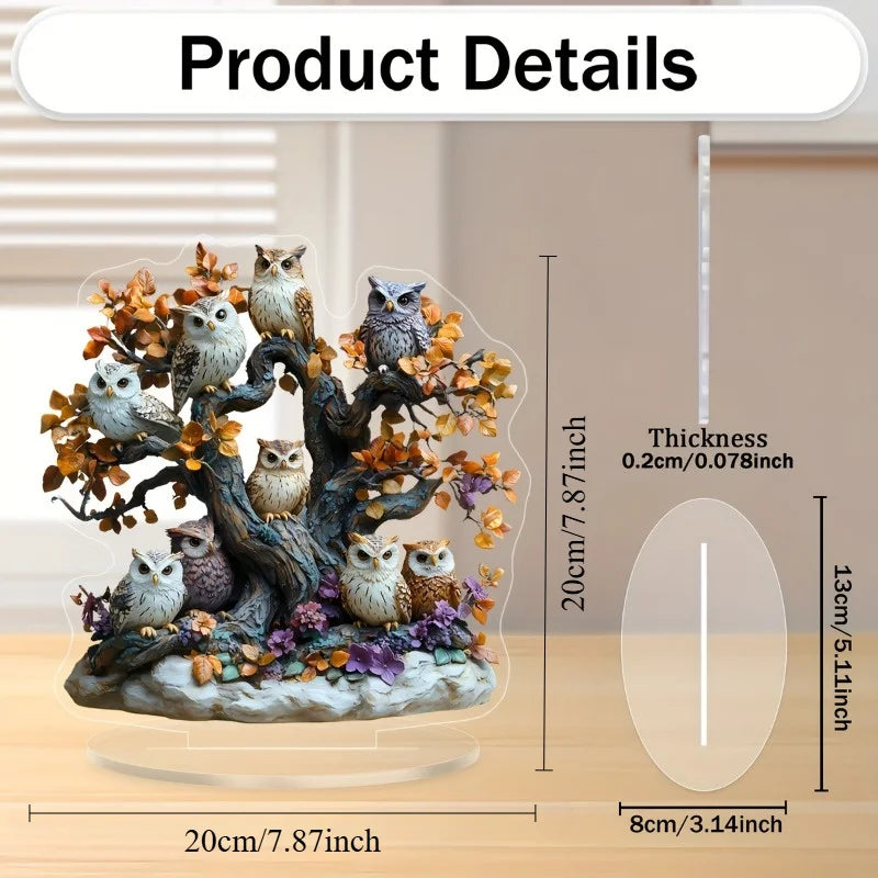 1PC 2D Acrylic Owl Tree Statue - Floral Desktop Decor with Stand/Elegant Owl Wall Art Flat Acrylic Sculpture for Home/Gifting