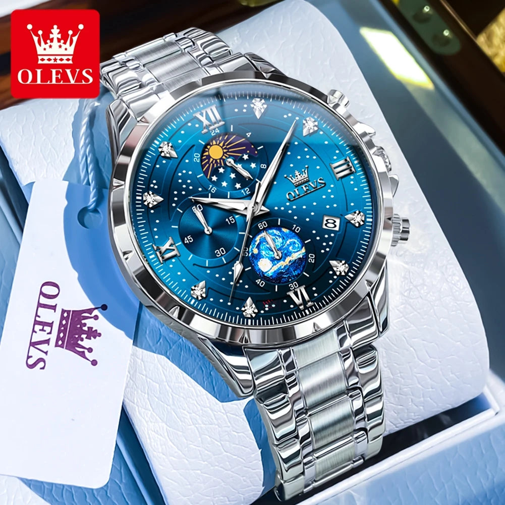 OLEVS Trend Men's Watches Moon Phase Luminous Starry Sky Dial Quartz Watch Waterproof Calendar Fashion Original Male Wristwatch