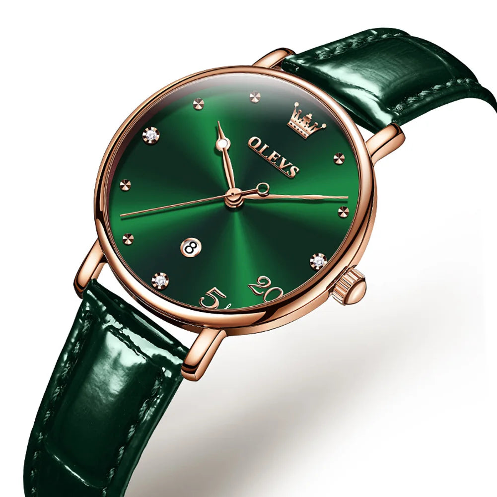 OLEVS Women Watch Luruxy Fashions Original Wristwatch Green Dial Leather Strap Waterproof Women's Watch Elegant Casual Gift Set