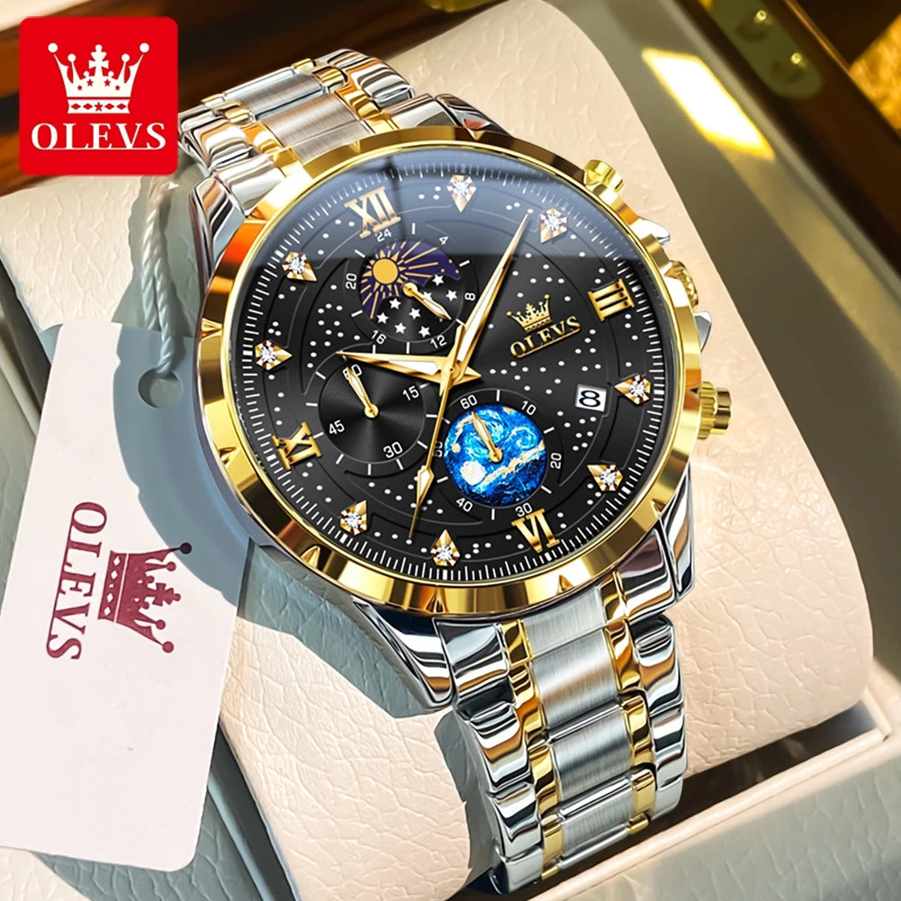 OLEVS Trend Men's Watches Moon Phase Luminous Starry Sky Dial Quartz Watch Waterproof Calendar Fashion Original Male Wristwatch