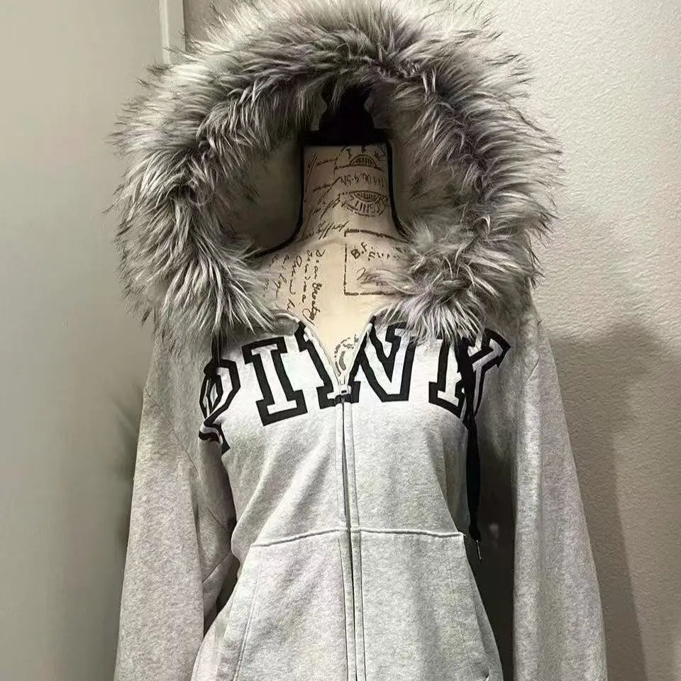 Y2K Women Aesthetic Harajuku Faux Fur Hooded Zip Up Jacket