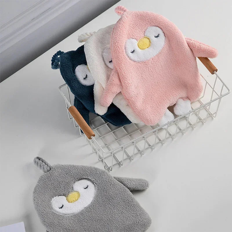 Sqinans 1PC Cartoon Hanging Hand Towel Soft Coral Kitchen Towel Cute Penguin Kids Bathing Towel Quick Dry Towels
