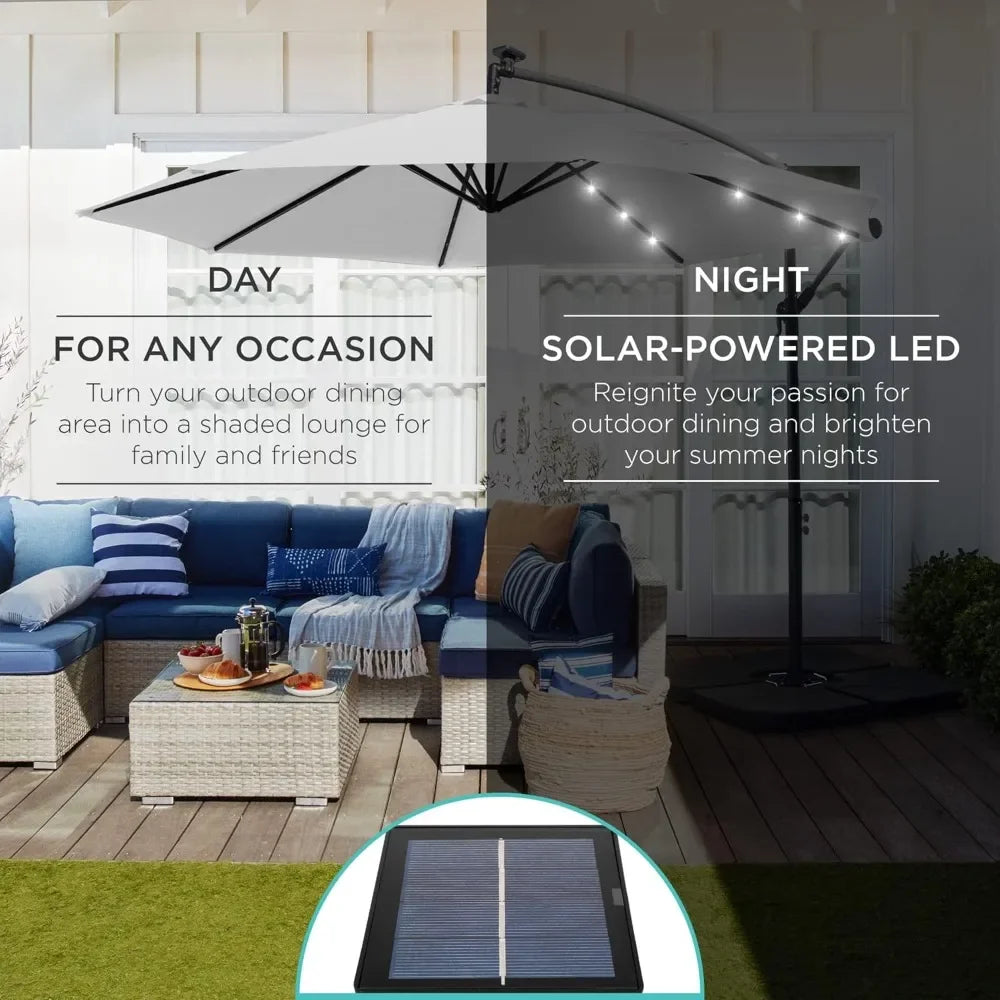 10ft Solar LED Offset Hanging Market Patio Umbrella for Backyard, Poolside,Lawn and Garden w/Easy Tilt Adjustment,Polyester