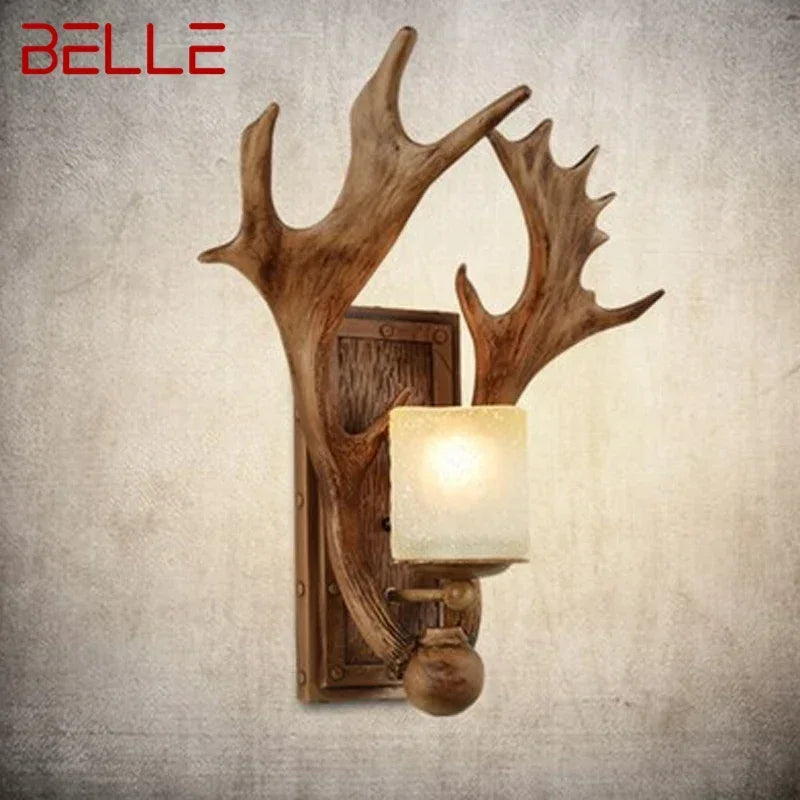 BELLE American Antlers Wall Light Retro Creative Room Bedroom Living Corridor Cafe Bar Small Wooden House Decorateative Light
