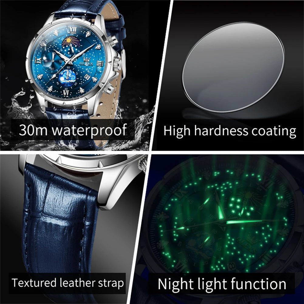 OLEVS Trend Men's Watches Moon Phase Luminous Starry Sky Dial Quartz Watch Waterproof Calendar Fashion Original Male Wristwatch