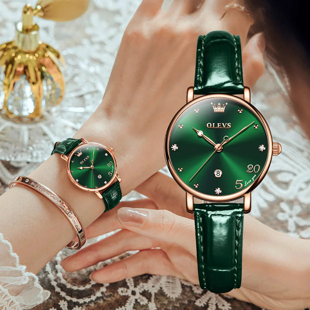 OLEVS Women Watch Luruxy Fashions Original Wristwatch Green Dial Leather Strap Waterproof Women's Watch Elegant Casual Gift Set
